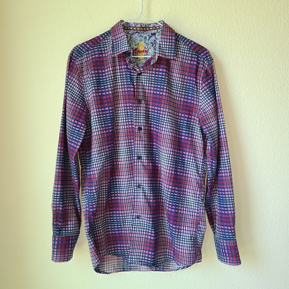 Cesari Embroidered Shirt Medium Art To Wear Purple‎ Abstract Cotton Flip Cuffs